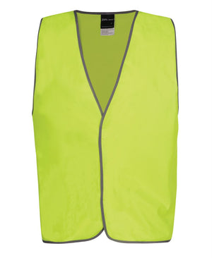 The JBs Hi Vis Safety Vest - Security is displayed against a white background. It's bright yellow with reflective grey edges, crafted from polyester. This sleeveless vest has an open front and an optional SECURITY print for increased visibility and safety.