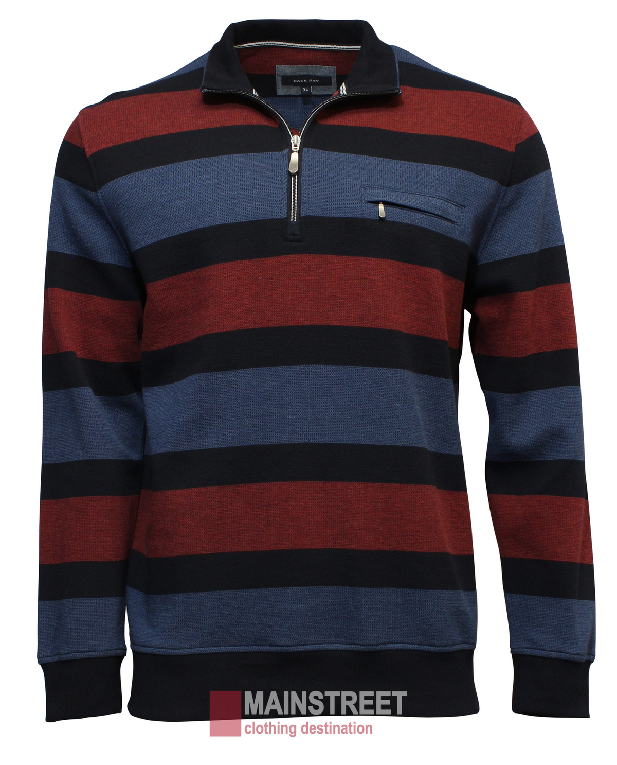 The Back Bay Block Stripe Mini Fleece is a red and blue striped jumper with black accents, featuring a half-zip collar and a chest pocket. The "Mainstreet clothing destination" logo appears at the bottom, embodying Back Bay's relaxed vibe.