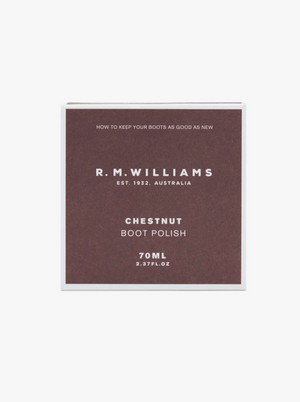 A box of RM Williams Stockmans Boot Polish featuring a minimalist brown design with white text. The packaging includes product details such as "EST. 1932, AUSTRALIA," "70ML," and "2.37 FL. OZ." The top reads, "HOW TO KEEP YOUR BOOTS AS GOOD AS NEW" with an alcohol-free formula to restore color and shine.