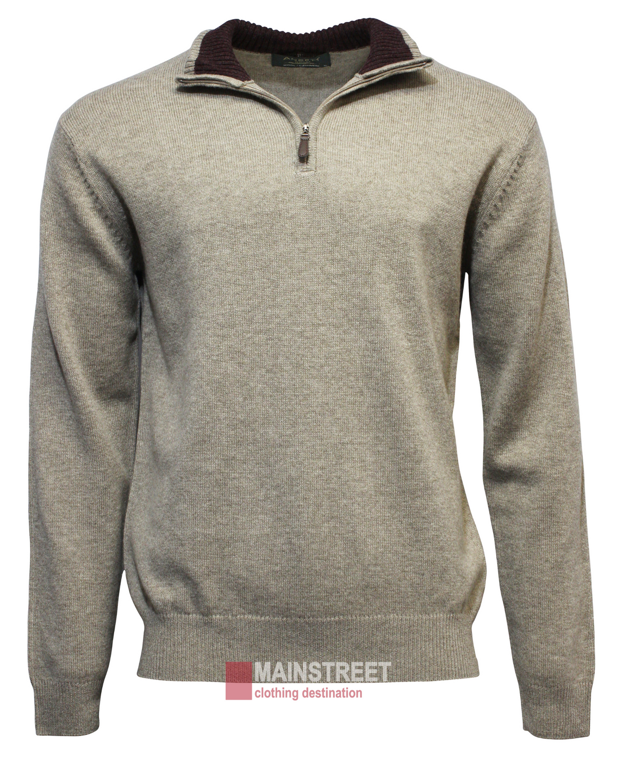 Ansett Gold Luxury Wool Cashmere Half Zip Knit is a beige long-sleeve knit sweater with a half-zip collar and a dark brown inner lining. The logo at the bottom center reads "MAINSTREET clothing destination." Made from luxurious Wool and Cashmere, this sweater promises both comfort and style.