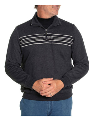 A person stands wearing the Breakaway Narcise Snowy Mt Fleece, a dark half-zip pullover featuring horizontal white and grey stripes across the chest. They have their hands folded in front and are dressed in blue jeans against a plain white background.