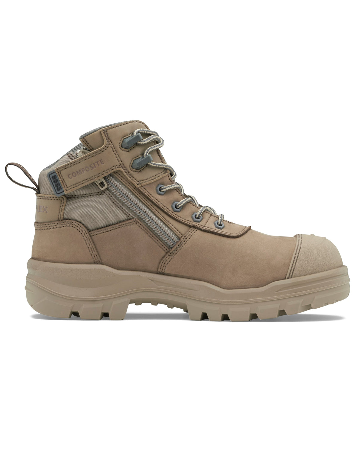 The Blundstone RotoFlex 8553 Mid Zip Safety Boot is a tan-colored, composite toe work boot with high-ankles, a side zipper, and a thick, rugged sole designed for durability and comfort. It features metal eyelets and reinforced stitching, making it an ideal choice for heavy-duty work environments.
