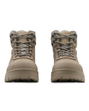 A pair of tan-colored Blundstone RotoFlex 8553 Mid Zip Safety Boots, featuring a rugged design with laces and thick soles, shown from the front. These boots are suitable for heavy-duty wear and feature INFINERGY® technology for added comfort, with the brand name visible on the side near the toe.