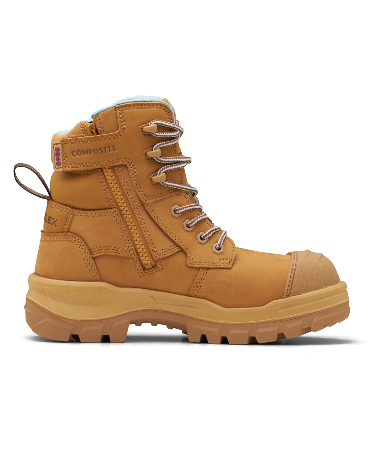 The Blundstone RotoFlex Womens 8860 High Zip Side Safety Boot is a tan, mid-calf work boot with a composite safety toe, side zipper, thick treaded sole, metal eyelets, brown and gray laces, pull tab at the heel, stitched details, and a rugged design for durability.