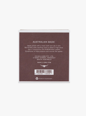 Box of RM Williams Stockmans Boot Polish with "Australian Made" label. The product includes text instructions for polishing: apply with a clean cloth, buff to restore color and shine, and use the alcohol-free formula in conjunction with RM Williams boot polish. Manufactured by RM Williams Pty. Ltd., located in South Australia.