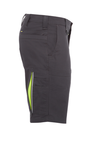 Side view of gray Bisley X Airflow Stretch Ripstop Vented Cargo Shorts with multiple pockets, including a bright green zippered pocket on the left side. They feature belt loops and reflective zip leg ventilation for comfort.