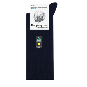 Image featuring a navy blue Humphrey Law Pure Cotton Sock with labeling. The label at the top reads "Humphrey Law® Health Sock™" and "Cotton Absorbent and breathable Medium." The sock has a small triangular logo that indicates Australian origin and a sun symbol denoting UPF 50+ sun protection.