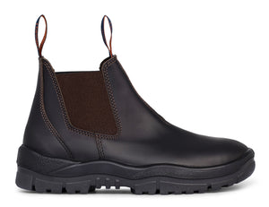 The Mongrel Non Safety Elastic sided Boot 916030 is crafted from quality black leather and features detailed stitching along the elastic side panels, pull tabs on the front and back, and a thick, slip-resistant black sole with tread for added grip.