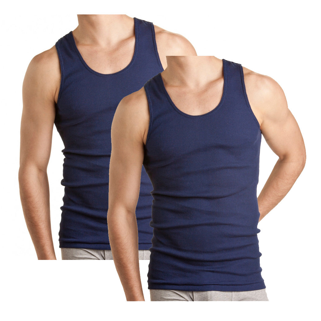Two individuals wearing Bonds 2 Pack Chesty Singlets in navy blue ribbed cotton. Both have a similar muscular build and are seen from the shoulders to the waist, with the left person's image slightly overlapping the right. They are also wearing light gray pants, showcasing a comfortable fit against the white background.