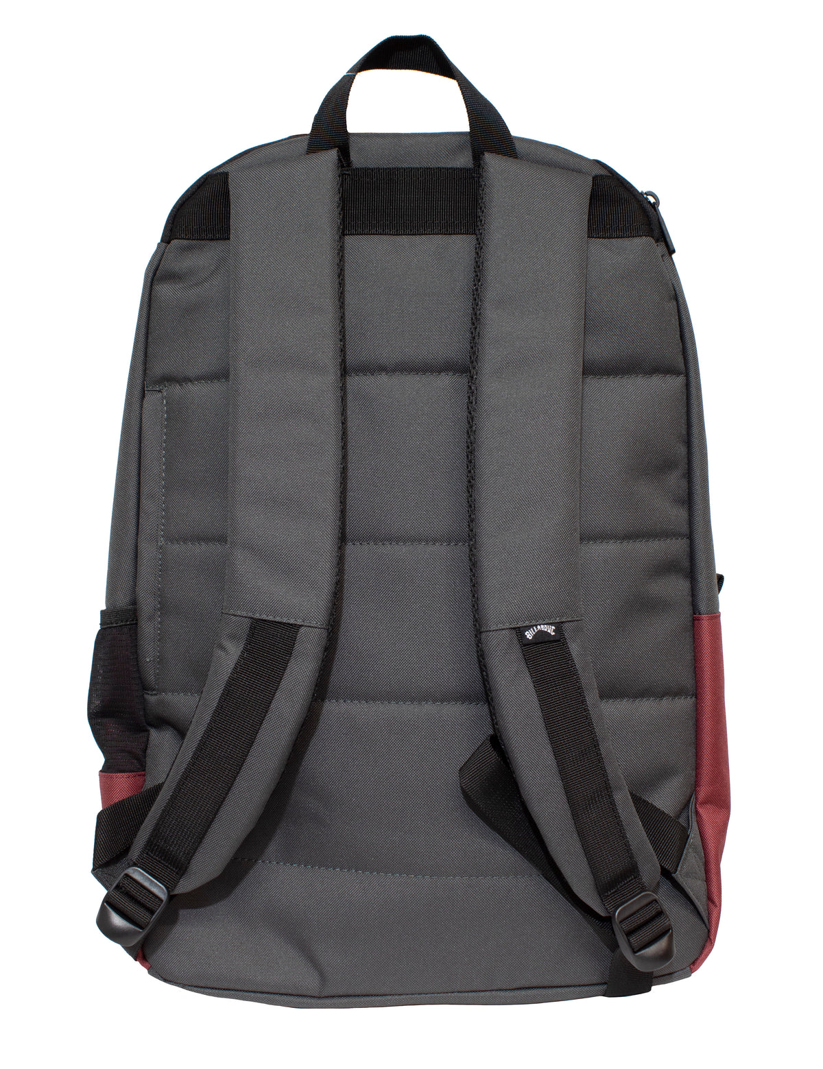 The Billabong Command Backpack is a grey backpack accented with black straps and a handle. Its padded back features subtle maroon accents at the bottom corners, and visible buckles on the shoulder straps enhance its functionality. It also boasts a small logo tag on the right strap and includes a dedicated laptop compartment for convenient storage.