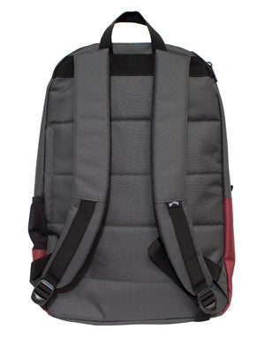 The Billabong Command Backpack is a grey backpack accented with black straps and a handle. Its padded back features subtle maroon accents at the bottom corners, and visible buckles on the shoulder straps enhance its functionality. It also boasts a small logo tag on the right strap and includes a dedicated laptop compartment for convenient storage.