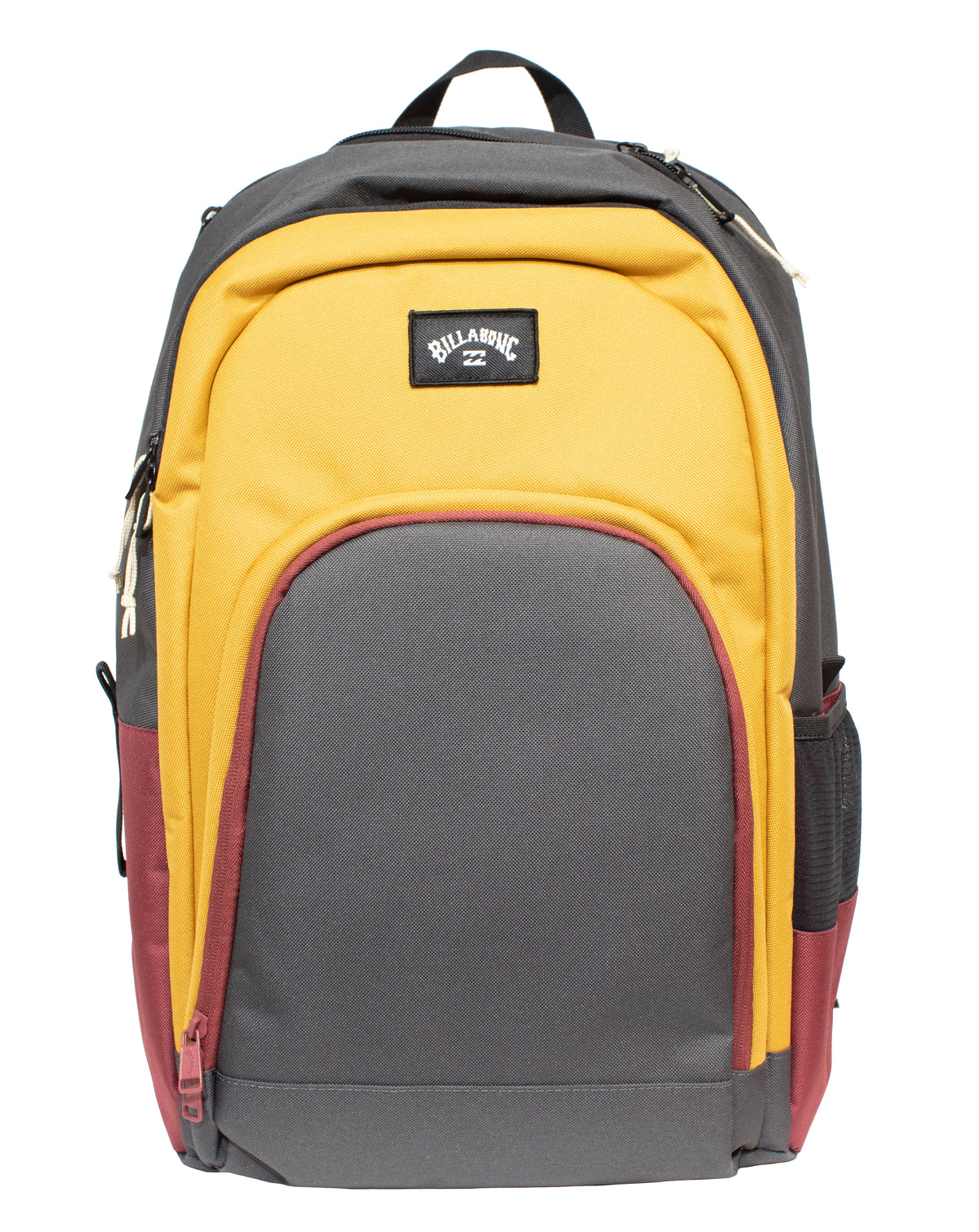 The Billabong Command Backpack is a fashionable option that boasts a color block design with sections in yellow, red, and dark gray. It includes a black handle, multiple zippered compartments—such as a dedicated laptop compartment—and a side mesh pocket. The upper front displays the "BILLABONG" brand tag.