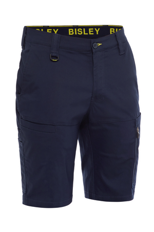 The Bisley X Airflow Stretch Ripstop Vented Cargo Short in navy blue features stretch ripstop fabric, multiple pockets, a button closure, and a vibrant yellow waistband with "Bisley." Designed for comfort and utility, it includes reflective zip leg ventilation for enhanced breathability.