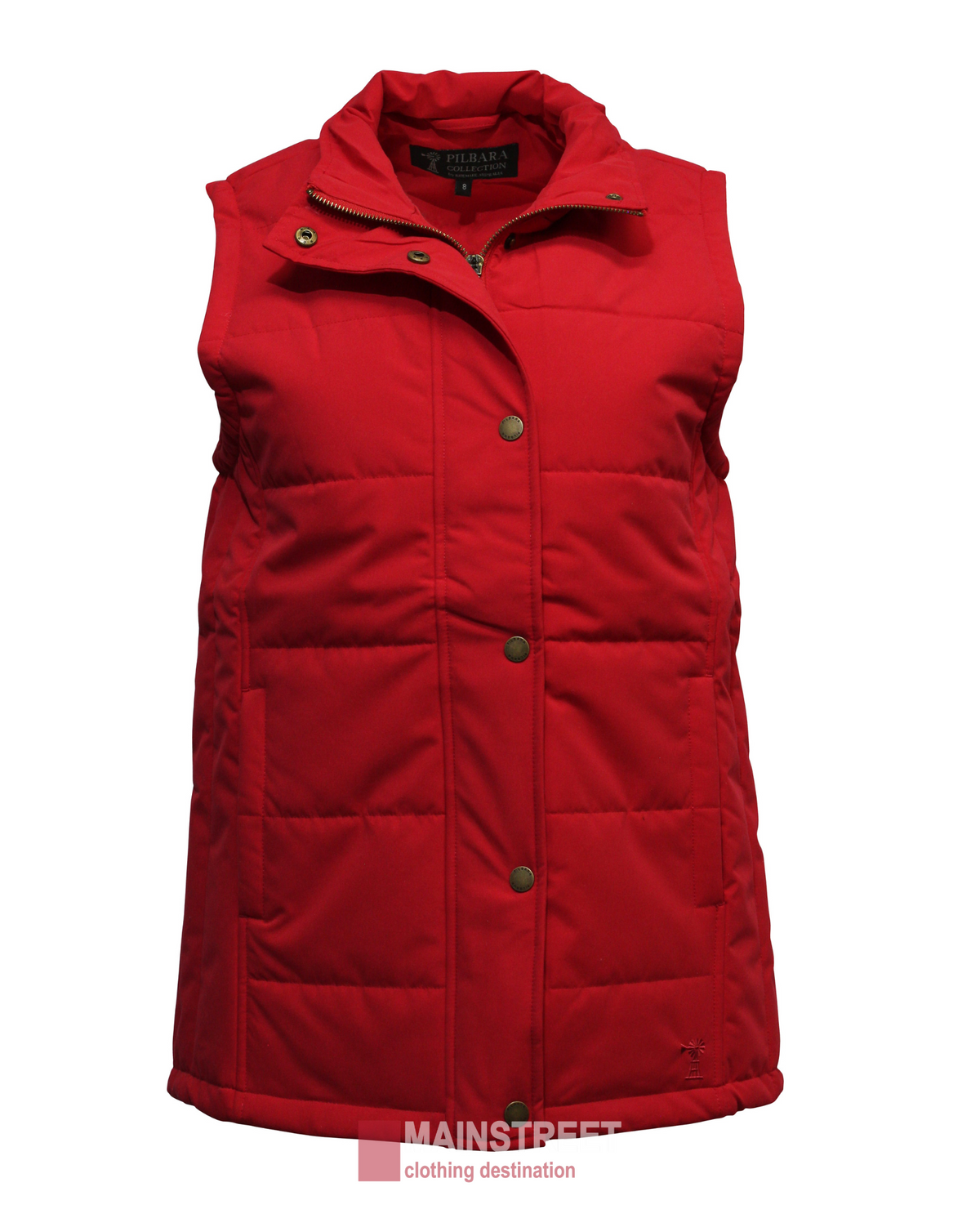 The Pilbara Ladies Vest is a sleeveless, quilted red winter vest with a high collar and button front. It has Polyfill padding for warmth, two side pockets, and a visible label inside the collar. The plain white background accentuates its cozy design.