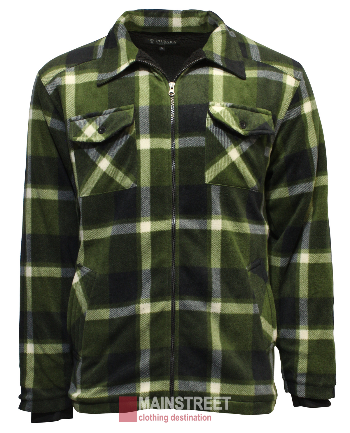 The Pilbara Sherpa Lined Check Jacket is a green and black plaid casual jacket featuring long sleeves, a full zipper, sherpa lining for extra warmth, and two buttoned chest pockets.