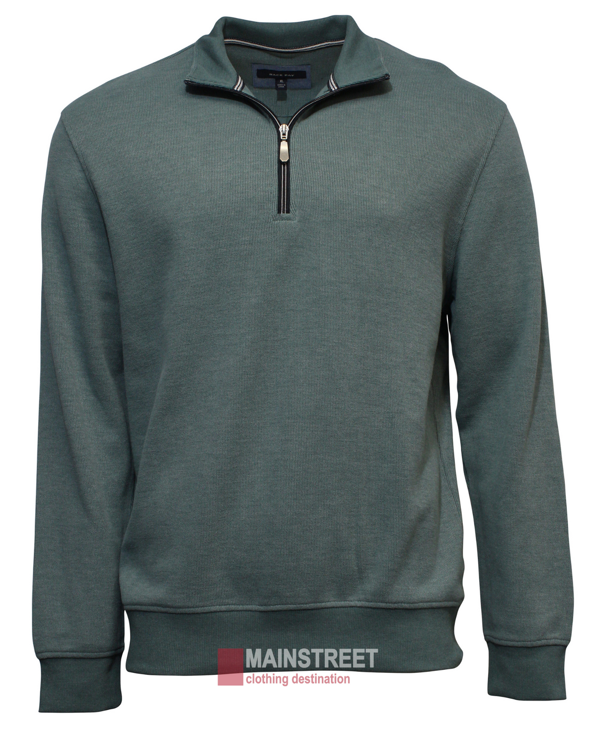 The Back Bay Peached French Rib Fleece, a green half-zip jumper with a high collar and ribbed cuffs, is displayed. Made from a cotton/polyester blend for comfort and durability, it features the "Mainstreet" brand and "clothing destination" at the bottom.