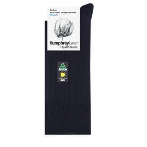 A navy blue Humphrey Law Pure Cotton Sock with tags attached. The tag displays a cotton symbol and lists features such as "Absorbent and breathable" and "Medium." There is also a small emblem indicating the lightweight, breathable sock is made in Australia.