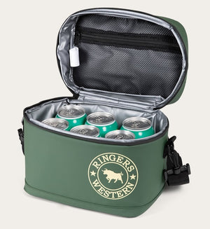 The Ringers Western Newport Soft Cooler Bag is a green, insulated cooler bag featuring the "Ringers Western" logo on the front. It comes with a convenient carry strap and includes a mesh pocket inside the lid. When unzipped and open, it reveals six green beverage cans neatly stored inside.