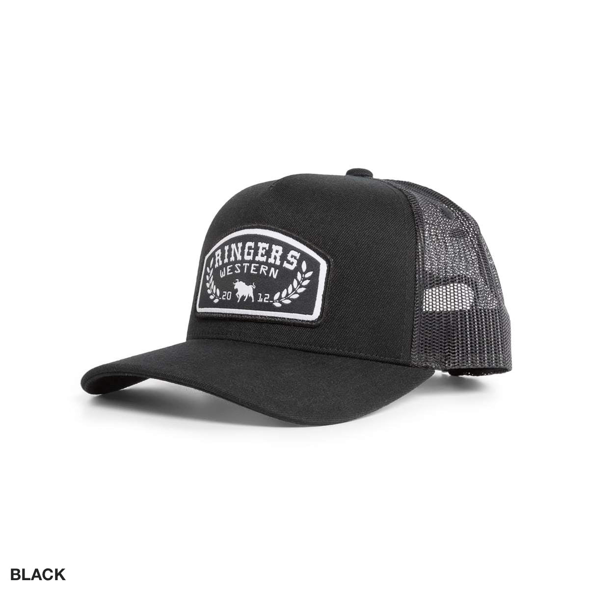 The Ringers Western Wheatbelt Wool Trucker Cap combines a modern black mesh back with a curved brim. A stylish front patch featuring text and decorative elements captures the rugged elegance the brand is famous for.