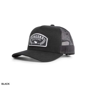The Ringers Western Wheatbelt Wool Trucker Cap combines a modern black mesh back with a curved brim. A stylish front patch featuring text and decorative elements captures the rugged elegance the brand is famous for.