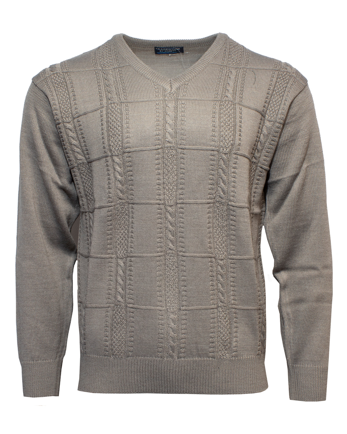 The Ansett Tradewinds Jacquard Vee Knit is a light brown vee neck sweater with long sleeves, featuring a textured checkered and cable knit pattern, shown against a plain white background.