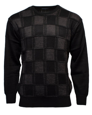 The Ansett Tradewinds Jacquard Crew Knit is a black sweater with a large checkered pattern in dark and light black shades, featuring a textured knit, crew neckline, and ribbed cuffs and hem for classic style.