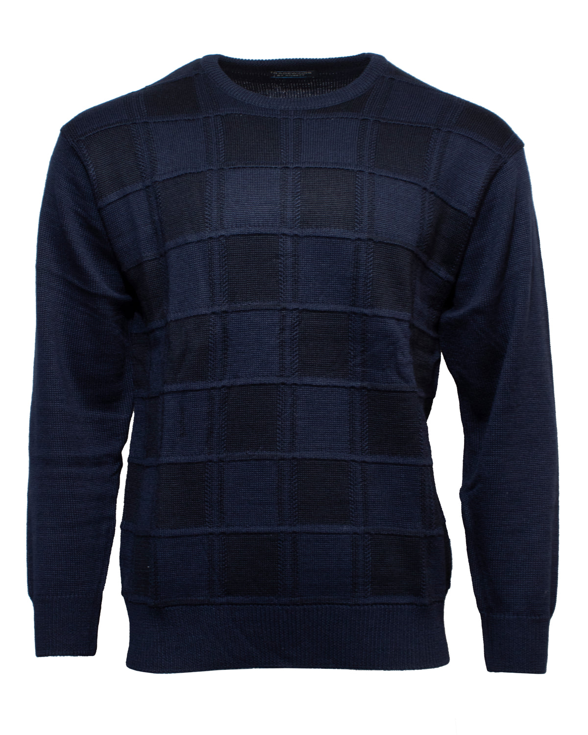 The Ansett Tradewinds Jacquard Crew Knit is a navy sweater with a checkered design of alternating textured and smooth squares, finished with a classic crew neck.