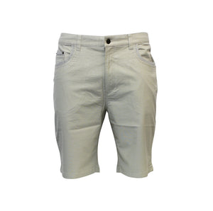 Beige Bob Spears Stretch Shorts for men, made from comfy cotton with stretch for easy movement. They feature a button closure, two front pockets, and a classic design on a white backdrop.