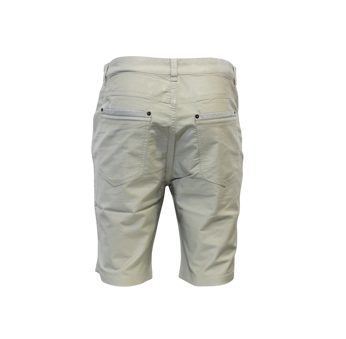 Back view of Bob Spears Stretch Short in beige, featuring belt loops, two buttoned back pockets, and a slim fit. Made from lightweight cotton for comfort, these knee-length shorts are ideal for casual wear.