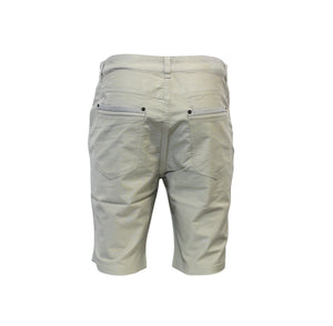 Back view of Bob Spears Stretch Short in beige, featuring belt loops, two buttoned back pockets, and a slim fit. Made from lightweight cotton for comfort, these knee-length shorts are ideal for casual wear.