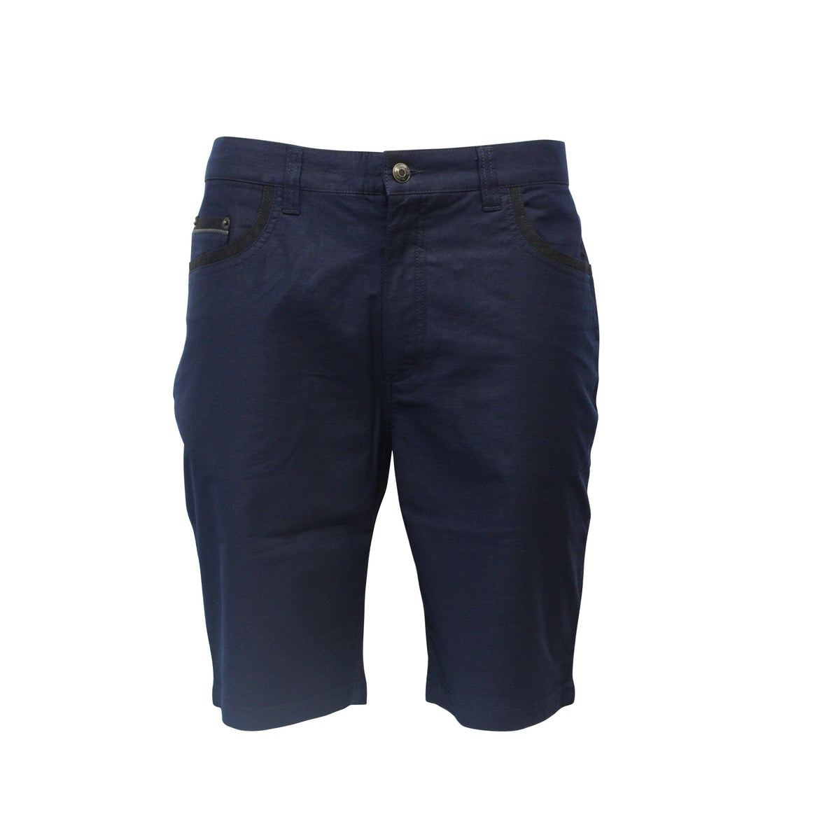 The Bob Spears Stretch Short, crafted from dark blue denim and featuring a button-zipper closure, offers style and comfort with its knee-length cut and two front pockets.