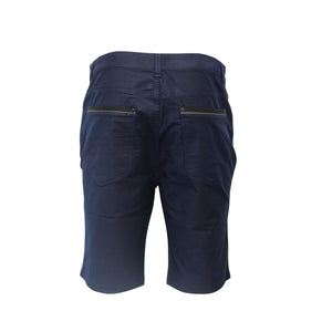 The Bob Spears Stretch Short in navy blue is shown from the back, highlighting two horizontal zipper-closure back pockets. Made from cotton, these mid-length shorts offer a smooth finish for a casual and comfortable style.