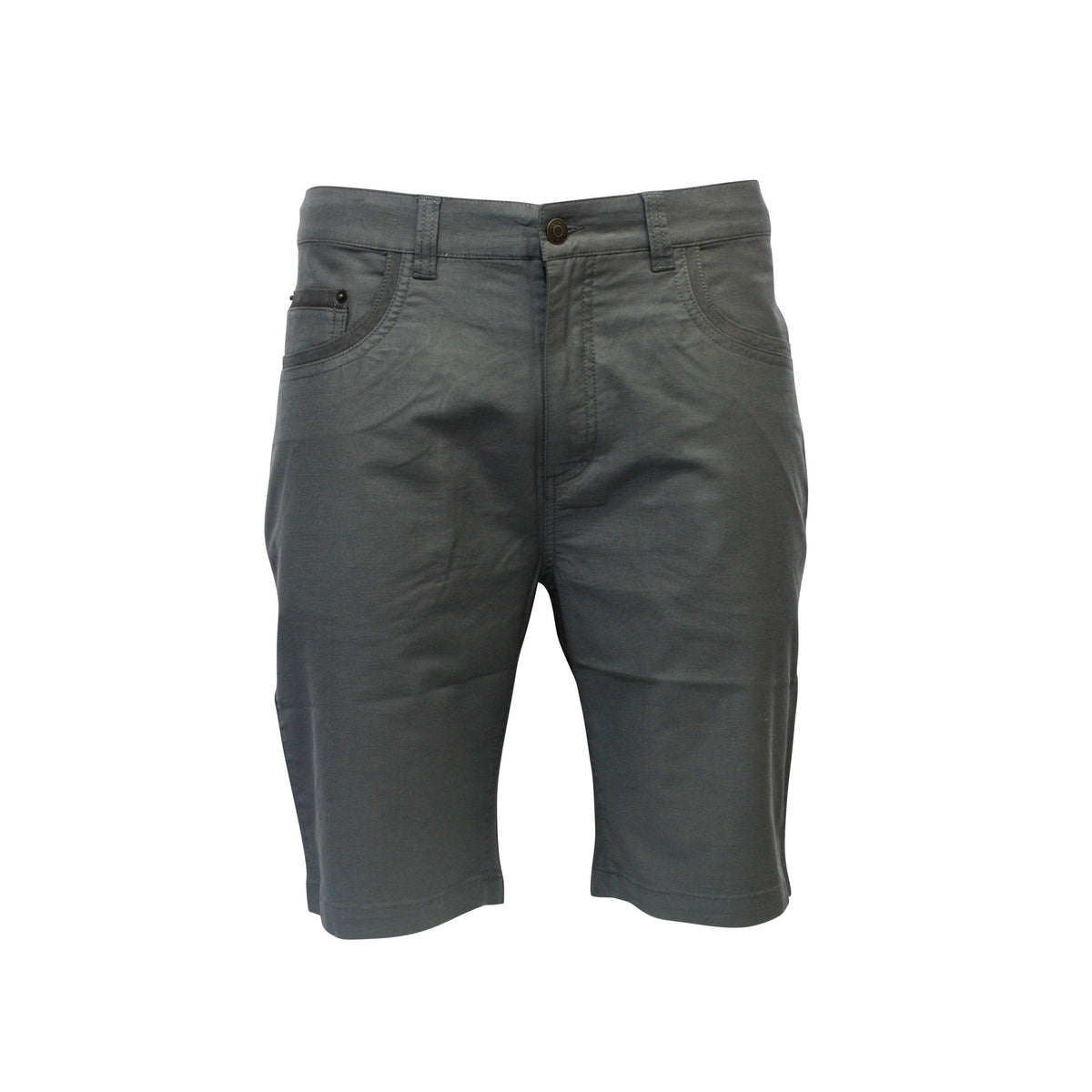 The Bob Spears Stretch Short are gray, knee-length shorts made from soft cotton, featuring a button and zipper closure with front and back pockets, displayed against a plain white background.