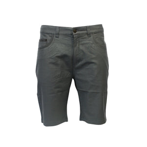The Bob Spears Stretch Short are gray, knee-length shorts made from soft cotton, featuring a button and zipper closure with front and back pockets, displayed against a plain white background.