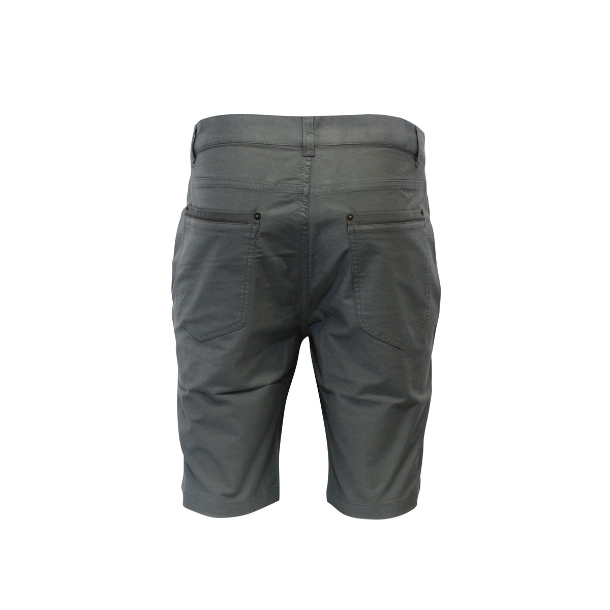 The Bob Spears Stretch Short is a casual, knee-length design in gray cotton with two button-flap back pockets, inspired by Bob Spears for everyday comfort.