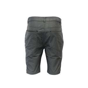 The Bob Spears Stretch Short is a casual, knee-length design in gray cotton with two button-flap back pockets, inspired by Bob Spears for everyday comfort.
