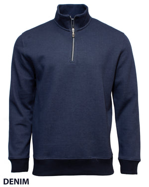 The Back Bay Jacquard Half Zip Fleece in Denim features long sleeves, a soft fabric, neat finishes, and a half zip collar. "DENIM" is subtly detailed at the bottom left corner, enhancing this classic style.