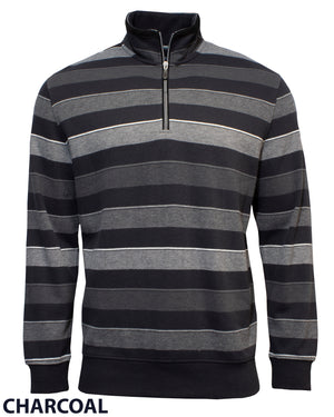 The Back Bay Striped Half Zip Fleece features long sleeves, a charcoal-and-gray striped design, a black stand-up collar, and a half zip front—perfect for casual strolls. "CHARCOAL" is displayed at the bottom left.