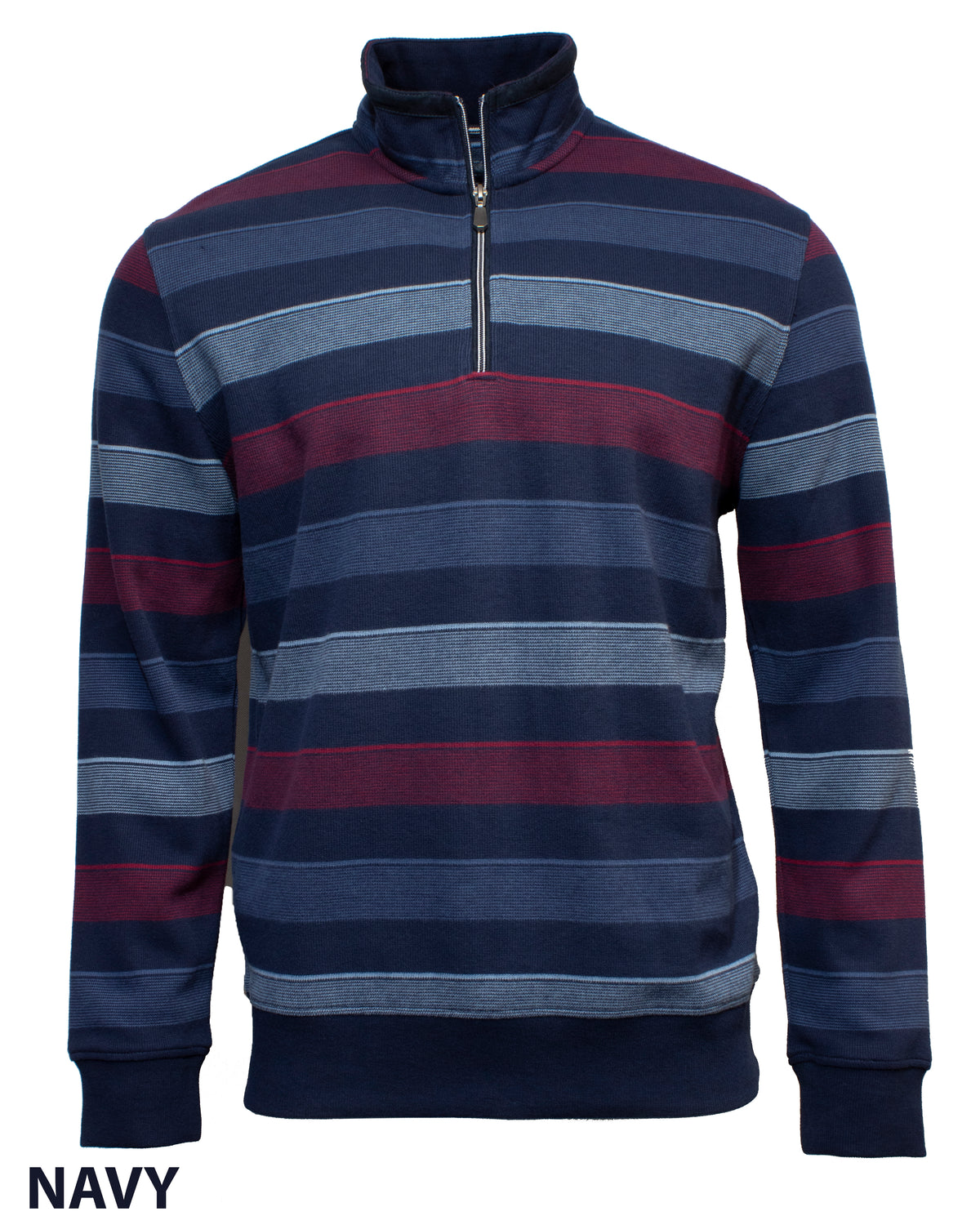 The Back Bay Striped Half Zip Fleece is a navy pullover with blue, gray, and maroon stripes. Featuring cozy fleece fabric, stand-up collar, and "NAVY" at the hem—perfect for cool days.