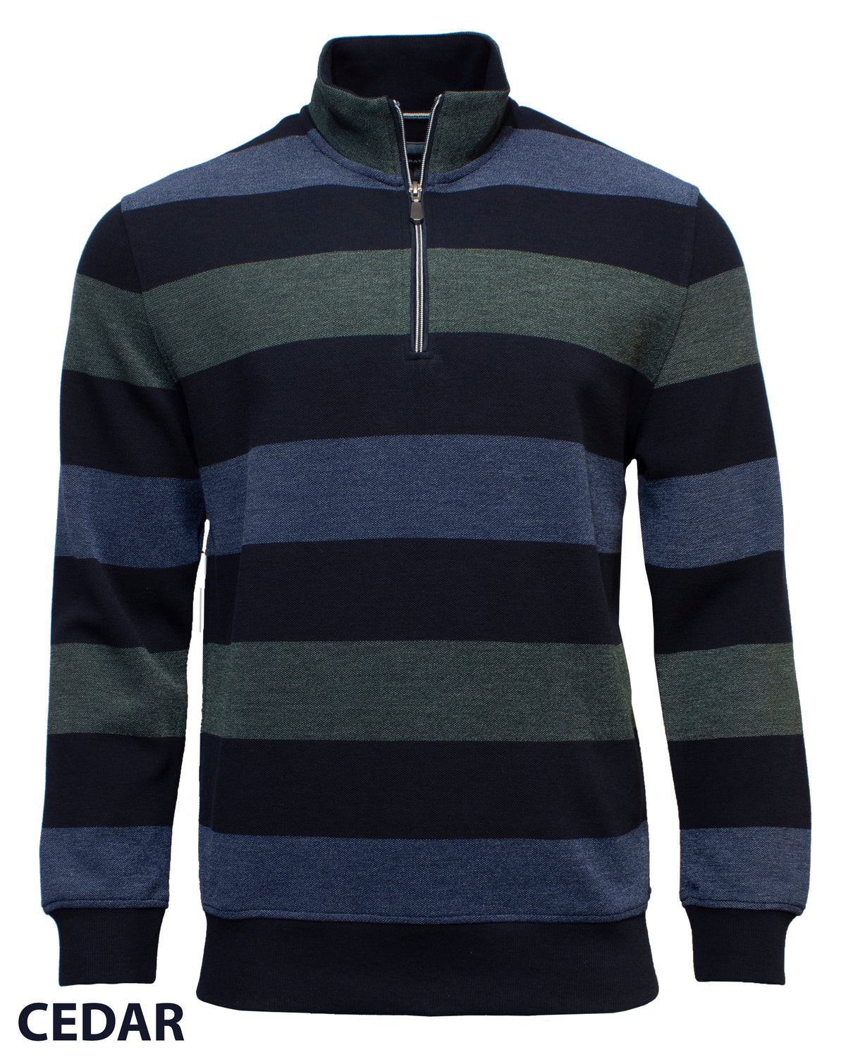 Stay cozy on cool days with the Back Bay Striped Half Zip Fleece in Cedar, featuring wide navy, green, and heather blue stripes, a half zip front, stand-up collar, and "CEDAR" detail at the hem.