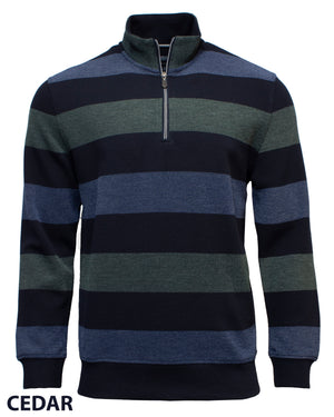 Stay cozy on cool days with the Back Bay Striped Half Zip Fleece in Cedar, featuring wide navy, green, and heather blue stripes, a half zip front, stand-up collar, and "CEDAR" detail at the hem.