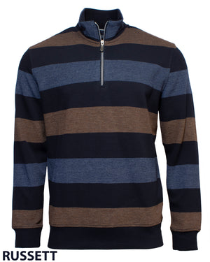 The Back Bay Striped Half Zip Fleece in Russet features a cozy fleece design with wide navy, brown, and blue stripes, a half zip collar, and "RUSSETT" at the bottom left—ideal for breezy Back Bay strolls.