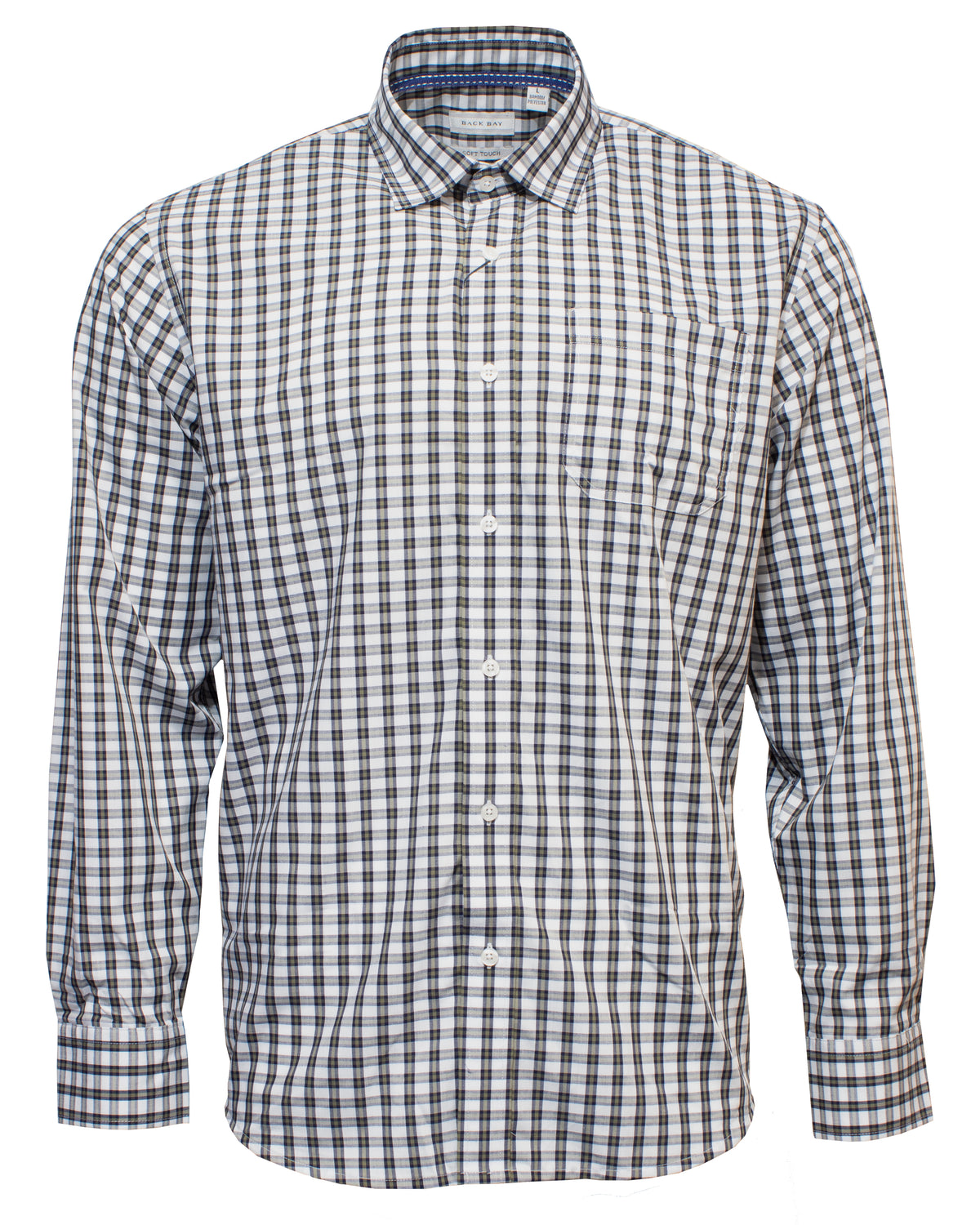 The Back Bay Soft Touch Shirt is a stylish long-sleeve button-up featuring a checkered pattern in shades of black, white, and gray. Made from a blend of bamboo and polyester, it includes a chest pocket on the left side and boasts a classic collar for timeless appeal.