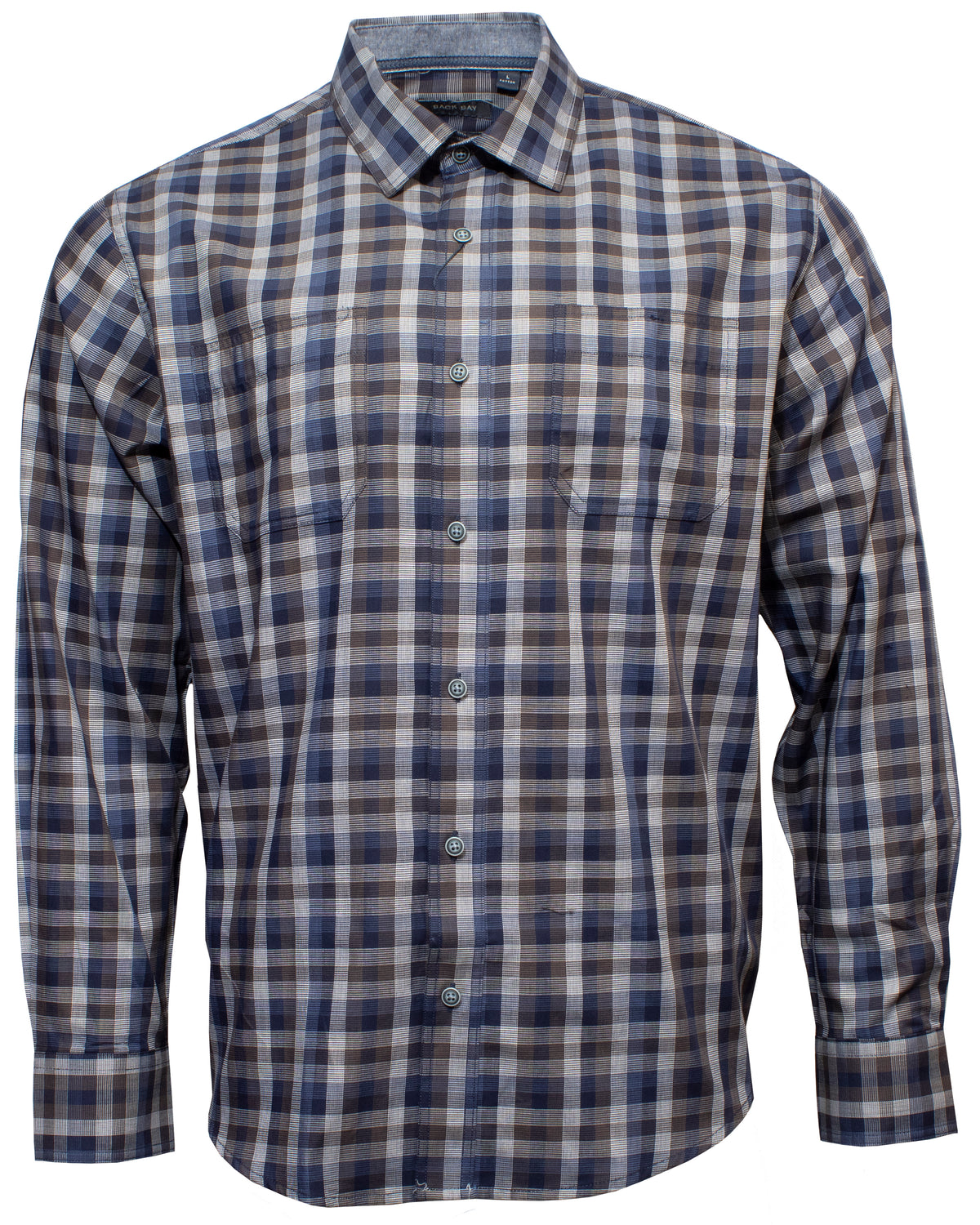 The Back Bay Cotton Shirt is a stylish, long-sleeved, button-up with a blue, beige, and white plaid pattern. Made from 100% cotton, it boasts a traditional collar, chest pockets with button flaps, and buttoned cuffs.