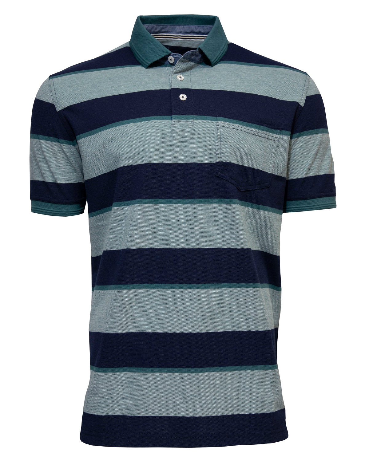 The Back Bay Black Stripe Birdseye Pique Polo is a comfy short-sleeve shirt made from a polyester/cotton blend, featuring dark blue and light gray horizontal stripes, a teal collar, a two-button placket, and a small chest pocket on the left.