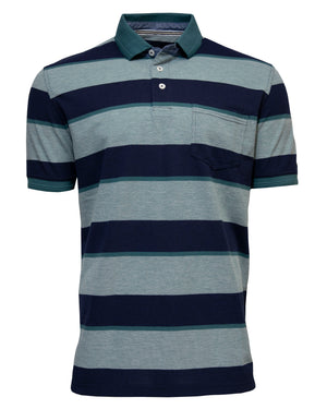 The Back Bay Black Stripe Birdseye Pique Polo is a comfy short-sleeve shirt made from a polyester/cotton blend, featuring dark blue and light gray horizontal stripes, a teal collar, a two-button placket, and a small chest pocket on the left.