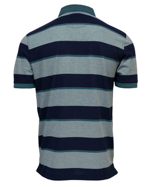 The Back Bay Black Stripe Birdseye Pique Polo is a casual, comfortable short-sleeve shirt with horizontal blue and gray stripes, a collar, and ribbed sleeve cuffs, shown from the back.