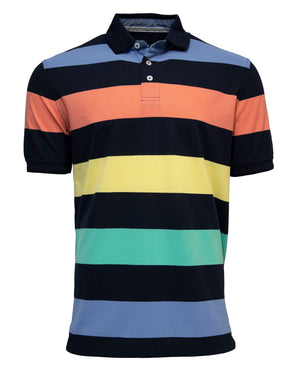The Back Bay Multi Block Stripe Polo offers a timeless look with its stylish design, featuring horizontal stripes in black, blue, orange, yellow, green, and light blue. It includes a classic collar and two-button placket.
