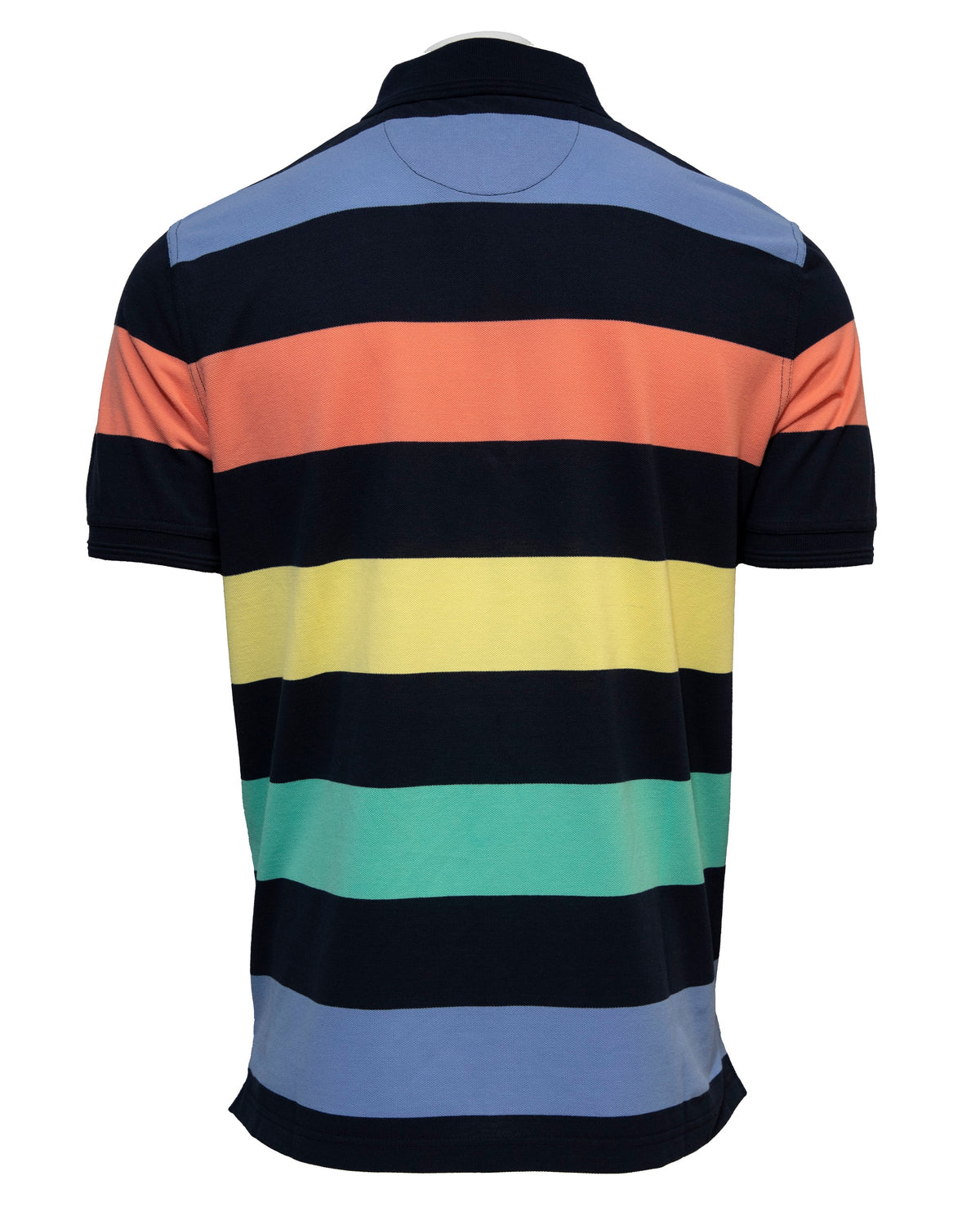 The Back Bay Multi Block Stripe Polo is a casual shirt with wide horizontal stripes in dark blue, light blue, orange, yellow, and green. It features short sleeves and a classic collar.