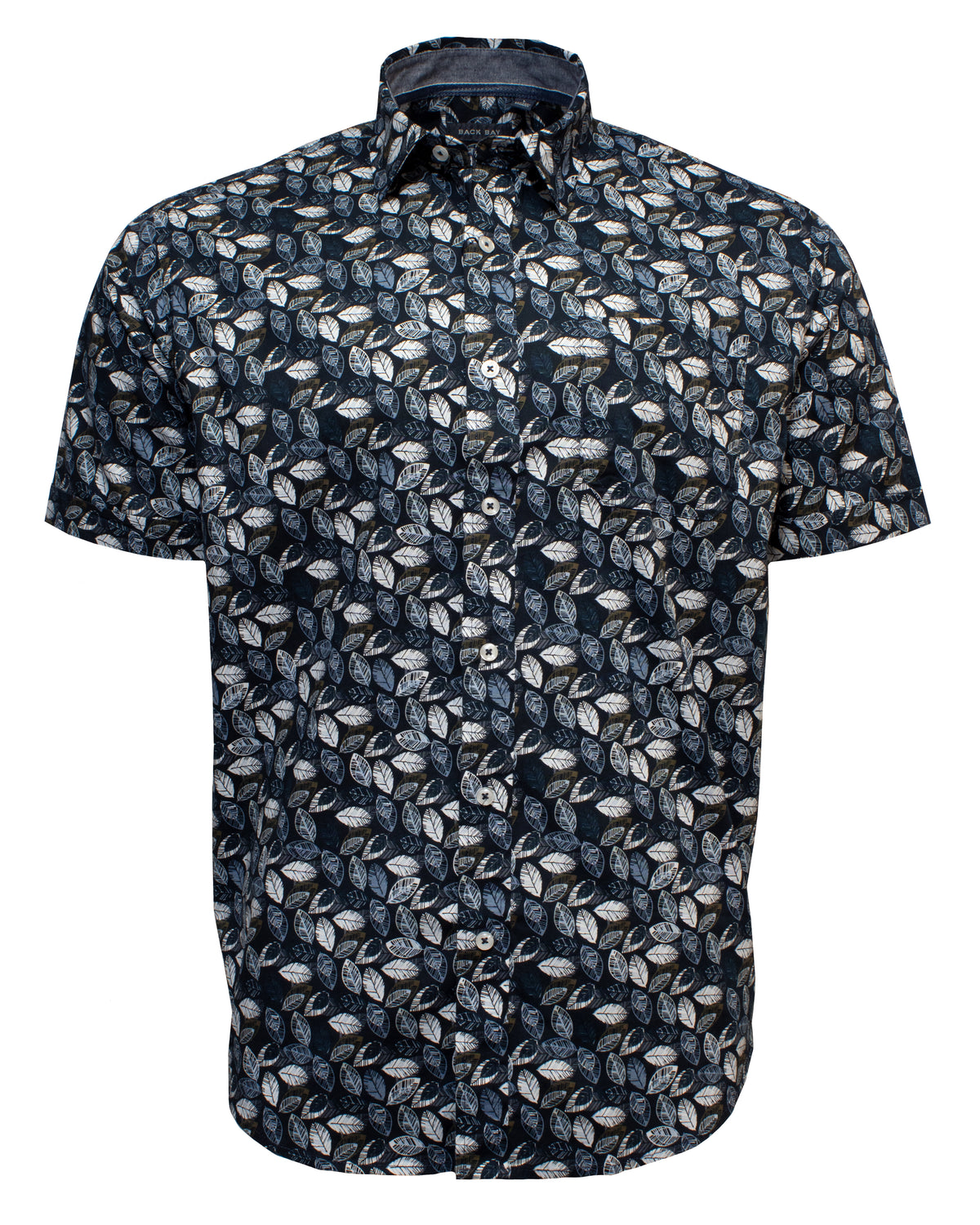 The Back Bay Cotton Spandex Printed Shirt is a short-sleeved, button-up shirt with a dark background adorned with an intricate leaf pattern in various shades of blue and white. This stylish shirt features a standard collar and a front pocket on the left side, made from a comfortable blend of Cotton/Spandex.